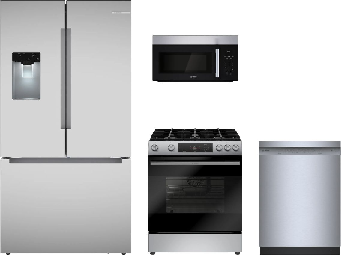 100/300 Series 4-Piece Stainless Steel Kitchen Package with Gas Range & Standard-Depth French Door Refrigerator