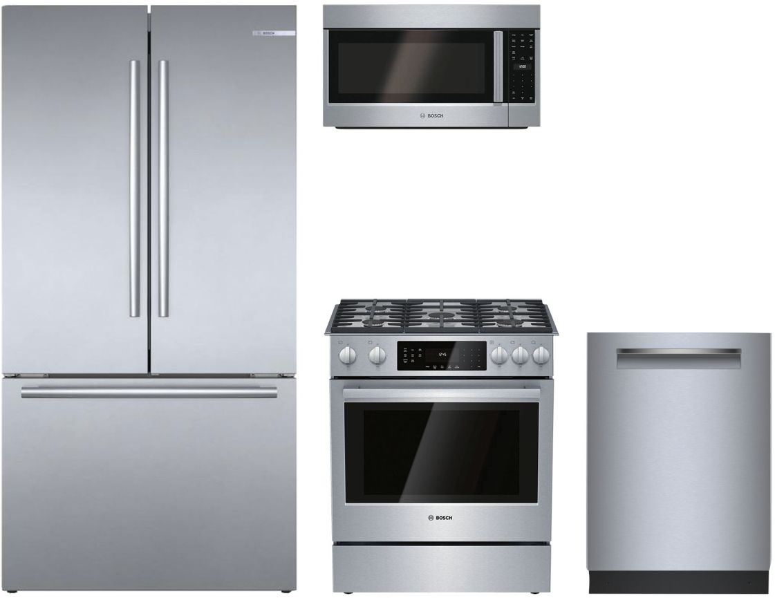 800 Series 4-Piece Stainless Steel Kitchen Package with Gas Range & Counter-Depth French Door Refrigerator