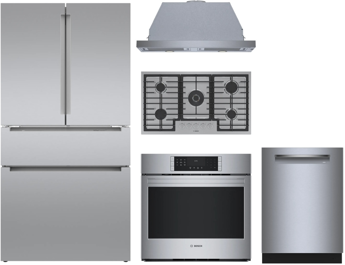 800 Series 5-Piece Kitchen Suite with Black Stainless Steel Single Wall Oven, 36" Gas Cooktop & 4-Door Refrigerator