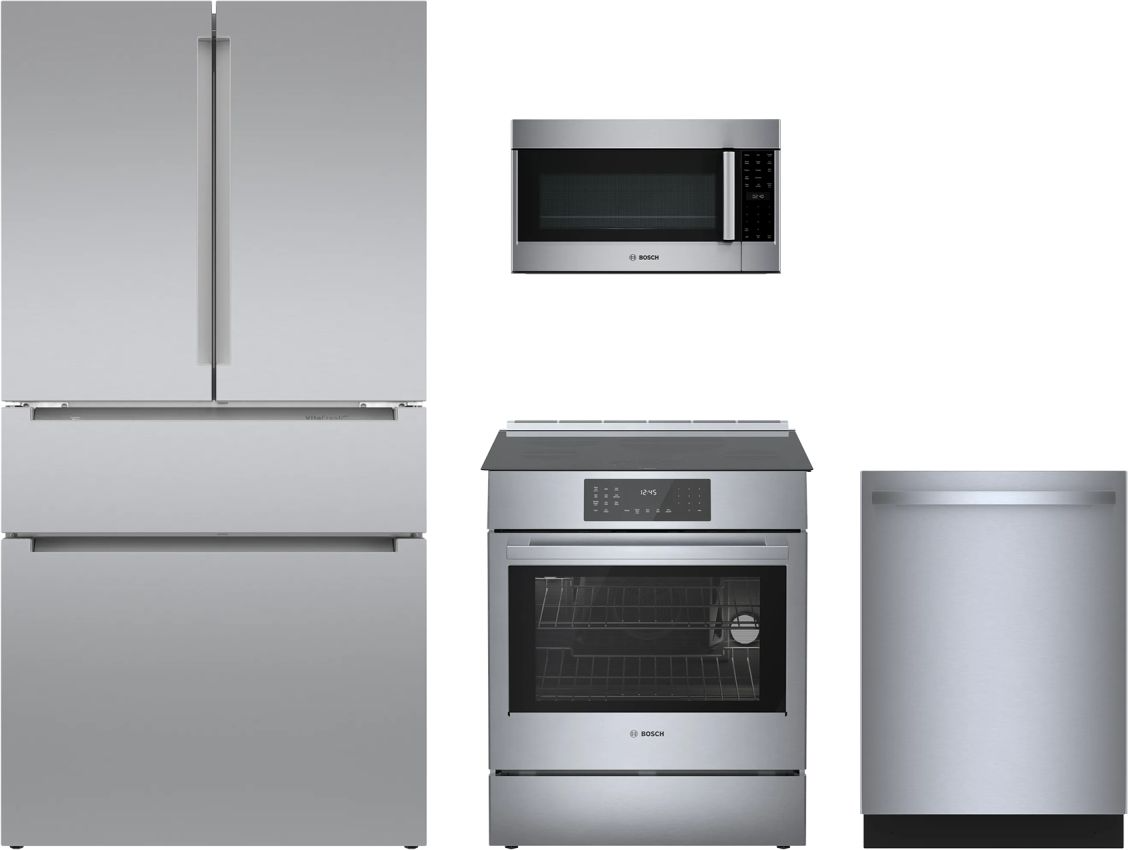 800 Series Premium 4-Piece Kitchen Package with Induction Range, 4-Door Refrigerator & Bar Handle Dishwasher