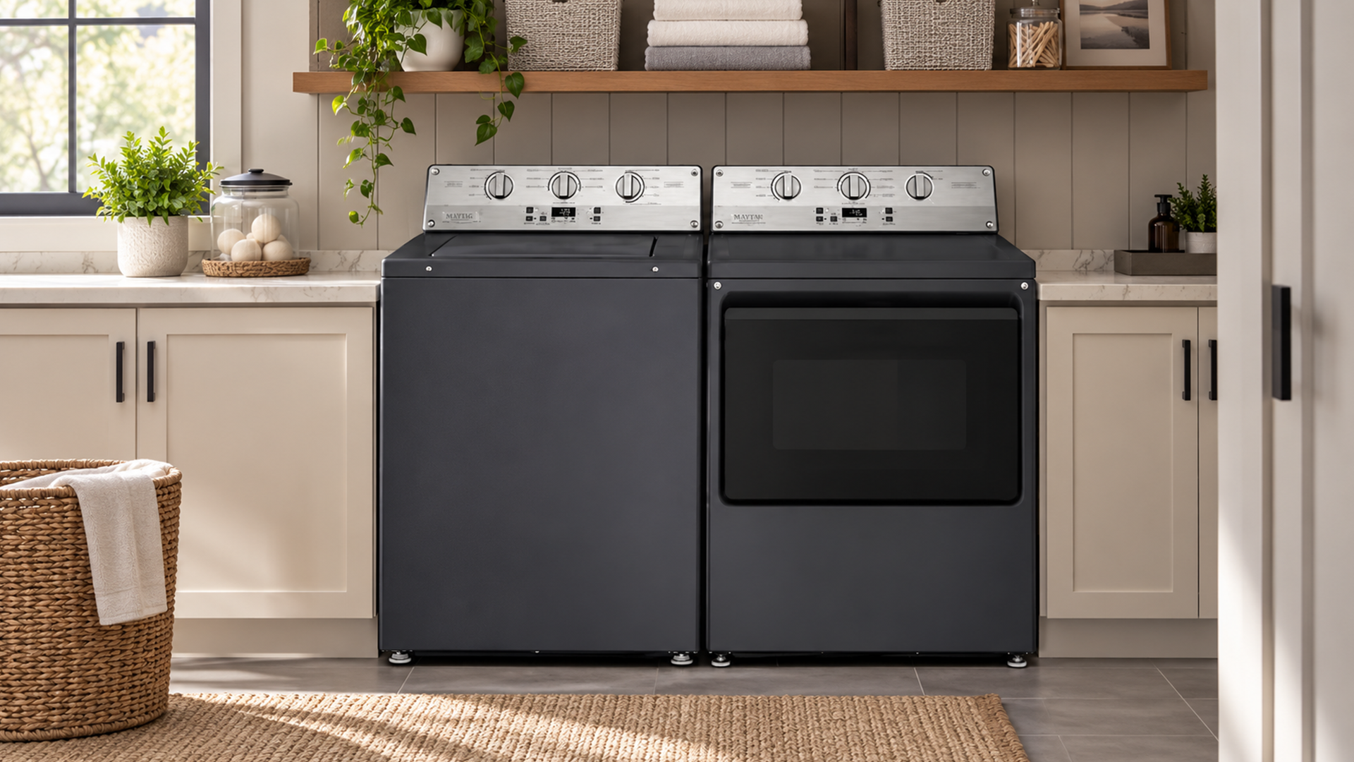 Discover the new Maytag 8305 Series, featuring a top-load washer and matching gas and electric dryers available in White and stylish Midnight Steel finishes.