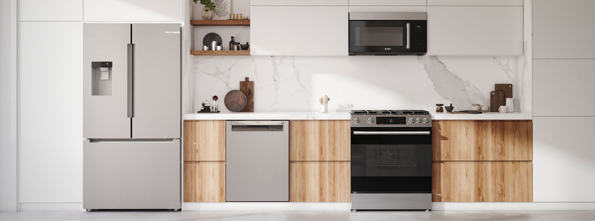 Explore Bosch's 100 Series: SHX5AEM5N dishwasher, B36FD10ENS refrigerator, HGF1050MUC gas range, and HMV1055U microwave—modern design meets reliable performance.