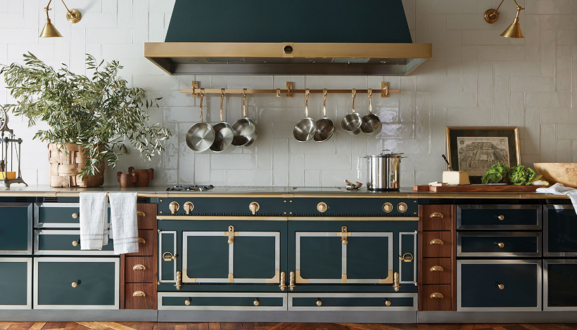La Cornue Château 180 range in a teal and brass kitchen