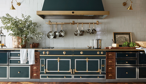 La Cornue Château 180 range in a teal and brass kitchen