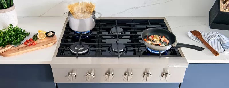 Six, full range BTU burners allow you to cook large meals with ease