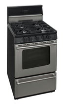 24 Inch Gas Range with 4 Sealed Burners, Continuous Cast Iron Grates, Electric Ignition, Backguard with Electronic Clock, Stainless Steel Commercial Handles, 2 Oven Racks and Broiler Drawer