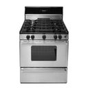 30 Inch Gas Range with 4 Sealed Burners, Continuous Cast Iron Grates, Electronic Ignition, Glass Backguard with Electronic Clock-Timer, Stainless Steel Commercial Handles, 2 Oven Racks and Broiler Drawer