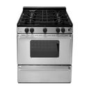 30 Inch Gas Range with 4 Sealed Burners, Continuous Cast Iron Grates, Battery Ignition, Black Porcelain Vent Rail, Stainless Steel Commercial Handles, 2 Oven Racks and Broiler Drawer