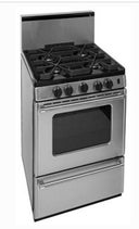 24 Inch Gas Range with 4 Sealed Burners, Continuous Cast Iron Grates, Electronic Ignition, Stainless Steel Backguard, Stainless Steel Commercial Handles, 2 Oven Racks, Broiler Drawer and ADA Compliant