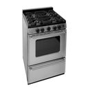 24 Inch Gas Range with 4 Sealed Burners, Continuous Cast Iron Grates, Battery Ignition, Black Porcelain Vent Rail, Stainless Steel Commercial Handles, 2 Oven Racks and Broiler Drawer