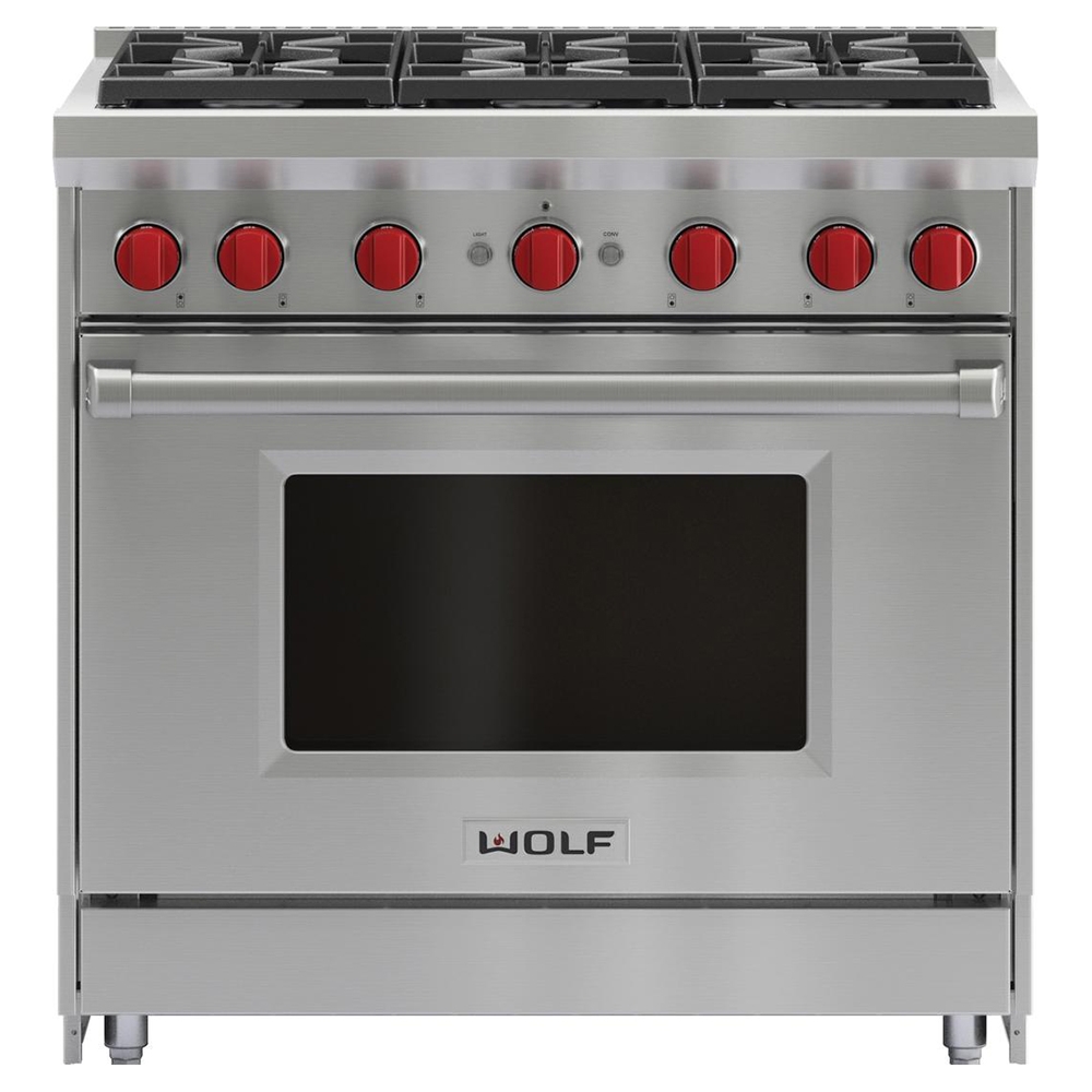 36 Inch Pro-Style Gas Range with 6 Dual-Stacked Sealed Burners, 5.5 cu. ft. Convection Oven, Continuous Grates, Infrared Broiler, Red Control Knobs, Island Trim and Star-K Certified || GR366 GR366