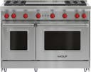 48 Inch Pro-Style Gas Range with 4 Dual-Stacked Sealed Burners, Double Griddle, 4.4 cu. ft. Convection Large Oven, Infrared Broiler, Red Control Knobs, Island Trim and Star-K Certified