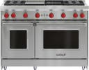 48 Inch Pro-Style Gas Range with 4 Dual-Stacked Sealed Burners, 4.4 cu. ft. Convection Large Oven, Continuous Grates, Griddle, Infrared Broiler, Red Control Knobs, Island Trim and Star-K Certified