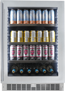 5.6 cu.ft. Capacity Integrated Beverage Center, holds 6 bottles of wine and 126 beverage cans, Low E dual pane argon filled glass door, New pro style handle is 20% longer than previous model, Door lock, 3 adjustable clear glass Pro-glide shelves with anti vibration and 100% extension, Artic White or Azure Blue LED lighting is 50% brighter with two light settings: 50% or 100% illumination for 2 hours, Digital Capacitive touch controls, Temperature memory, Temp and Door Ajar alarm
