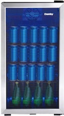 Holds 117 beverage cans, tempered glass door with stainless steel frame & pocket handle, wire shelves, electronic LED thermostat, Interior blue LED lighting, reversible door hinge
