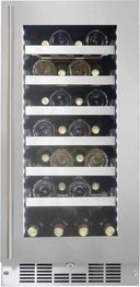 28 Bottle Integrated Wine Cooler, 15" wide chassis, Low-E tempered glass door, stamped stainless steel door frame with matching towel bar handle, upgraded zero clearance hinge, stainless steel trimmed wood shelves, interior crystal white LED display lighting, reversible door hinge, frost free operation, audible temperature & door ajar alarm, easy remove stainless steel kick plate, electronic thermostat with LED display