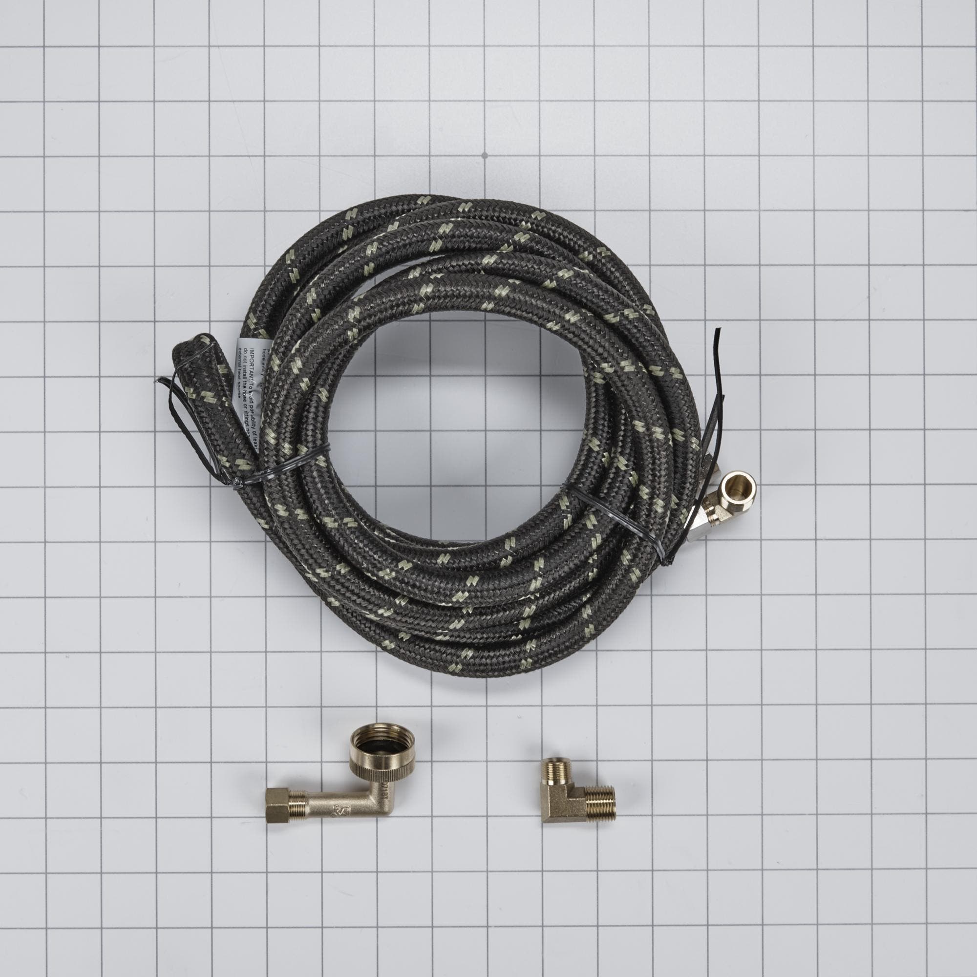 Dishwasher Inlet Supply Hose Kit of 12' rubber hose with two 3/8" ends, and 3/8" & 3/4" connectors