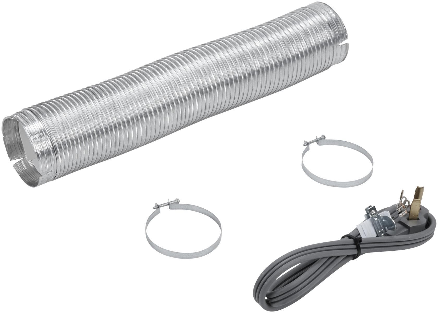 4' Black Dryer Vent Kit power cord, 3-wire, right-angle 3-prong plug, 8' metal slit-cuff vent, and two 4" clamps