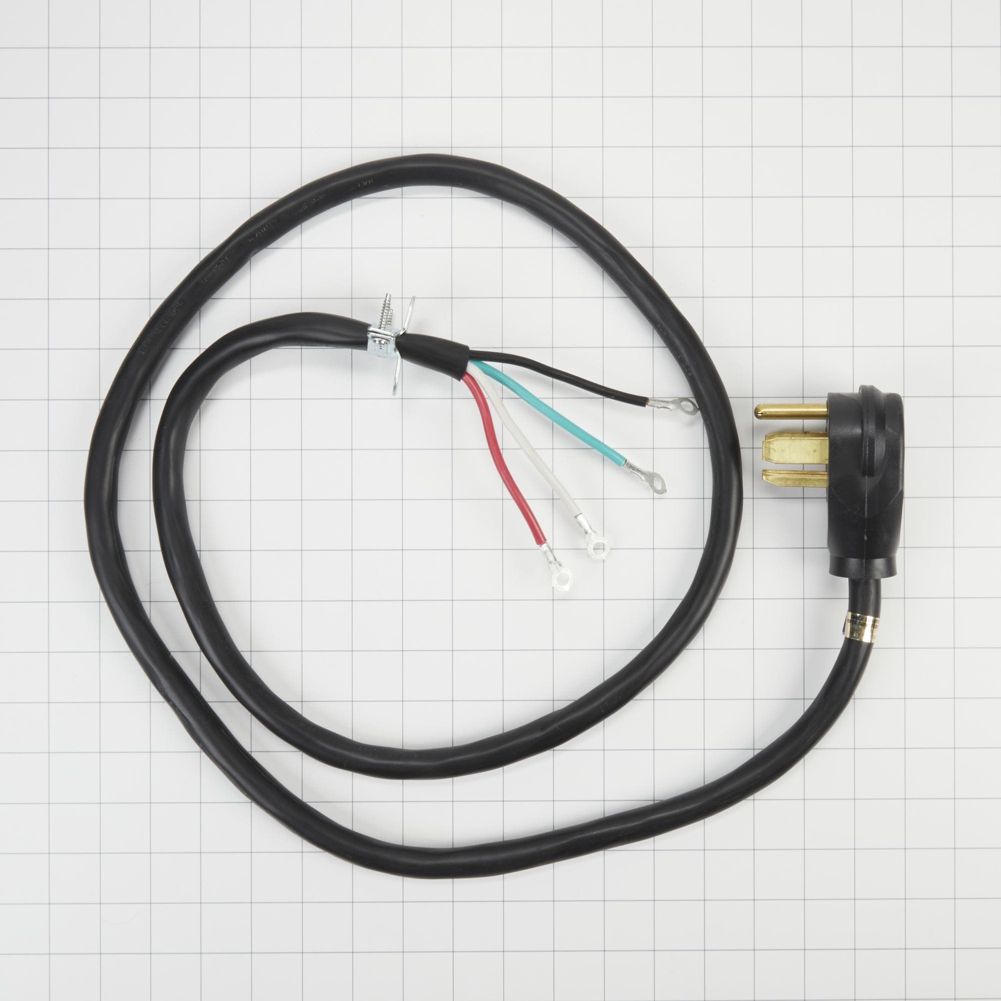 6' Black Electric Dryer Power Cord with 30-amp, 4-Wire, and 4 ring terminal connectors with right-angle plug