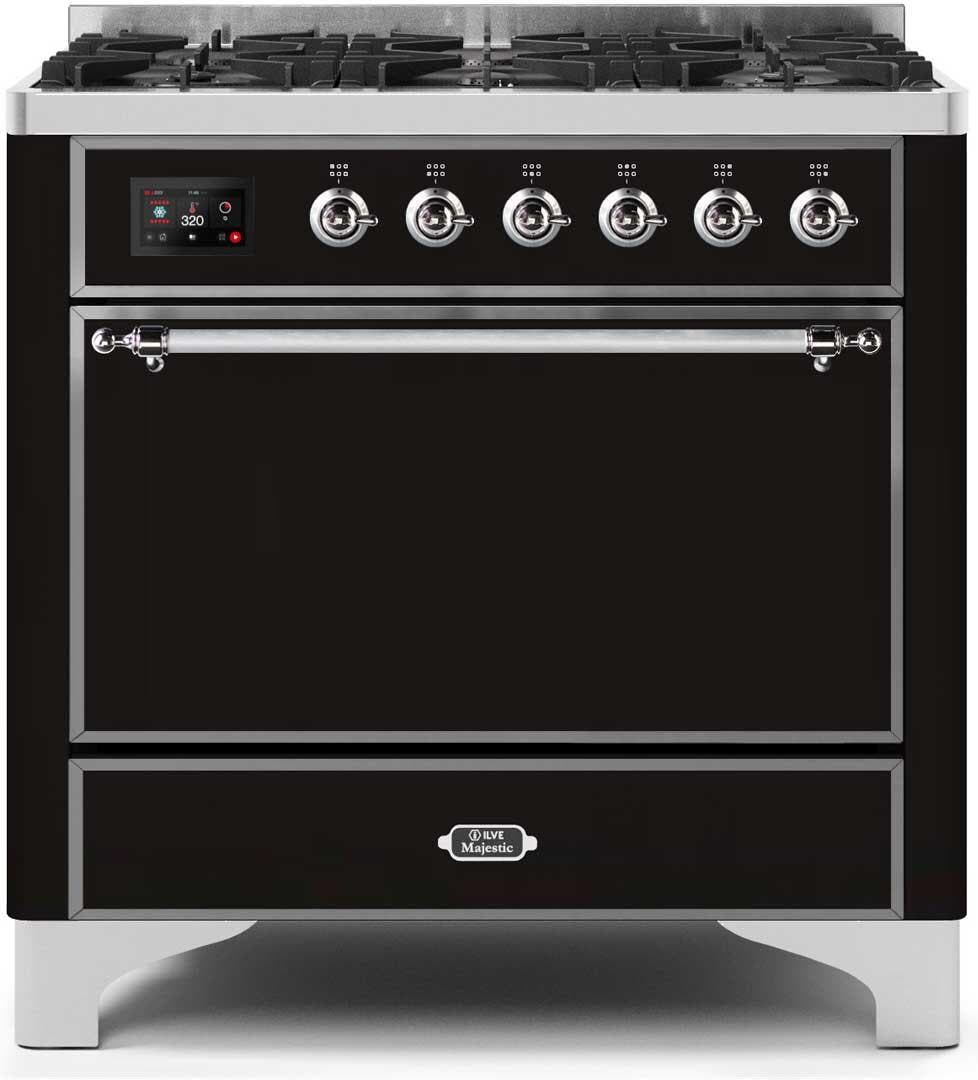 Ilve UM096DQNS3BKC Natural Gas In Glossy Black W/ Chrome Trim