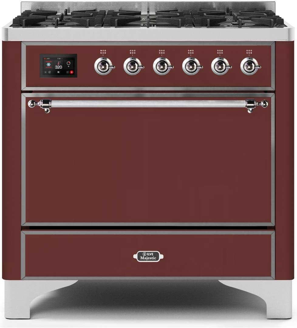 Ilve UM096DQNS3BUC Natural Gas In Burgundy W/ Chrome Trim
