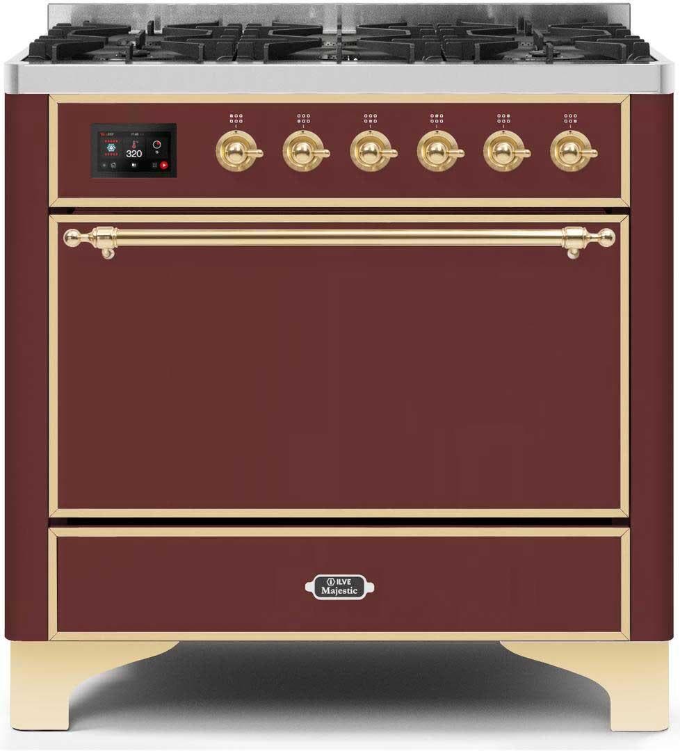 Ilve UM096DQNS3BUG Natural Gas In Burgundy W/ Brass Trim