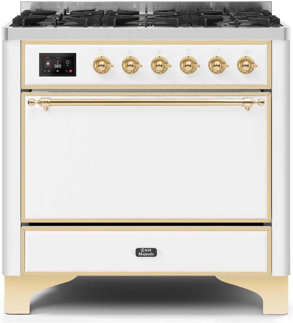 Ilve UM096DQNS3WHG Natural Gas In White W/ Brass Trim