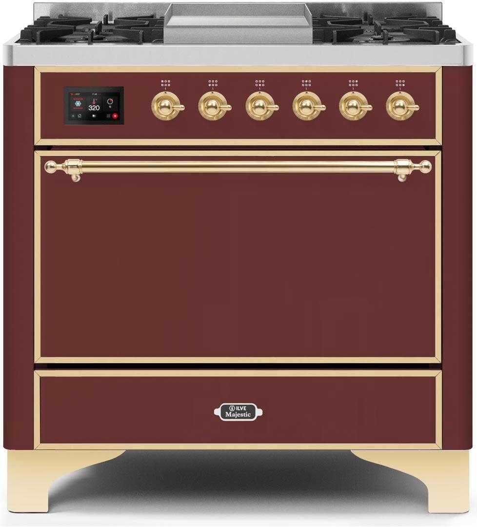 Ilve UM09FDQNS3BUG Natural Gas In Burgundy W/ Brass Trim