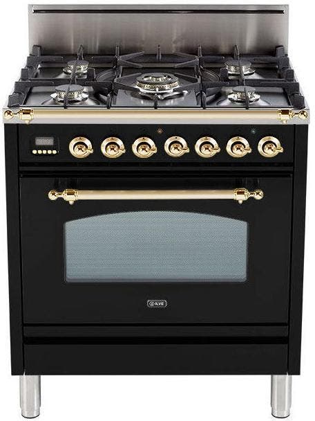 Ilve UPN76DVGGNLP Liquid Propane In Glossy Black W/ Brass Trim