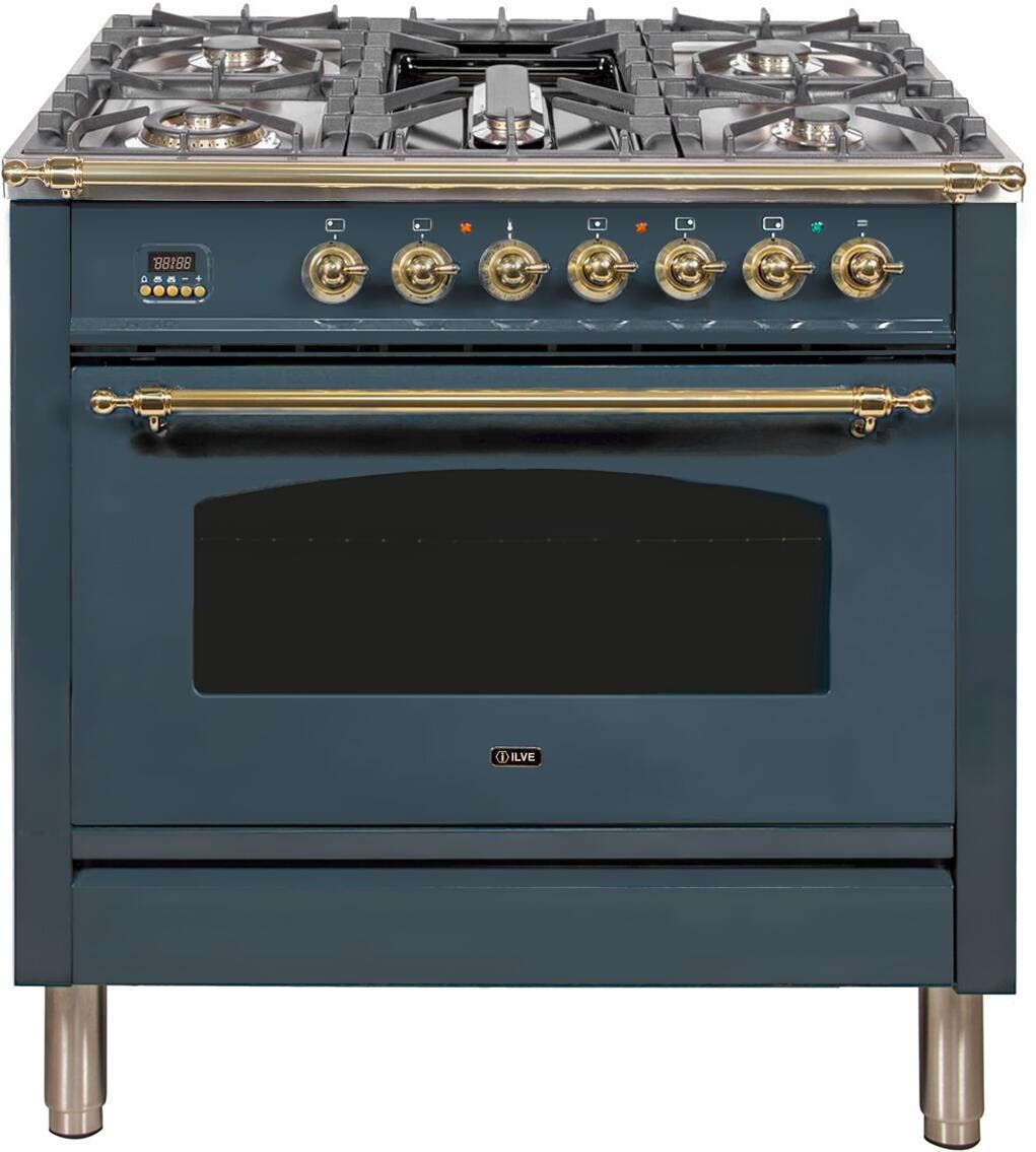 Ilve UPN90FDMPGU Natural Gas In Blue Grey W/ Brass Trim