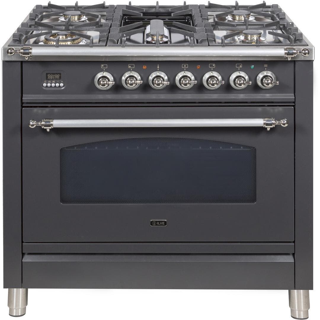 Ilve UPN90FDMPMXLP Liquid Propane In Matte Graphite W/ Chrome Trim