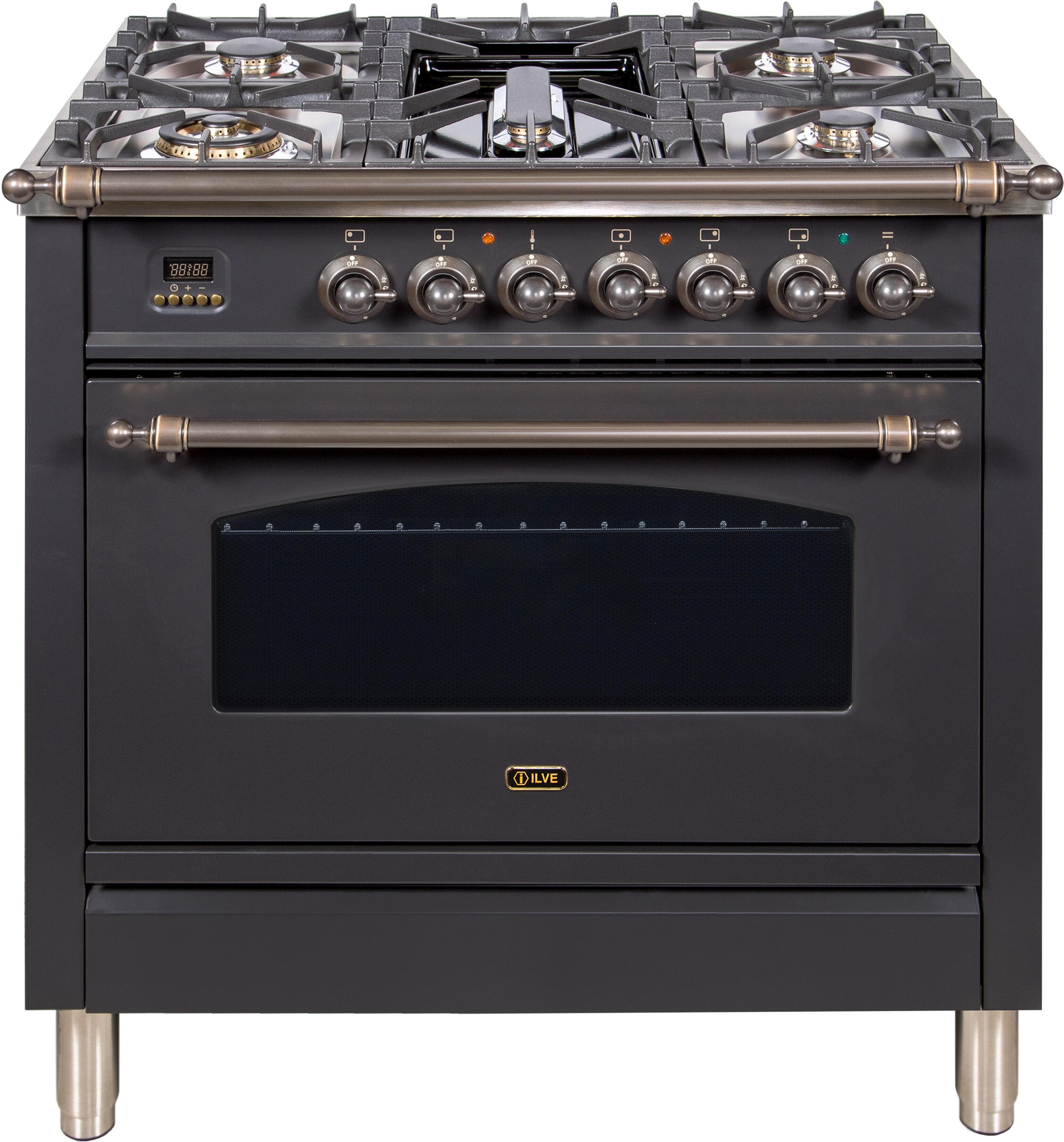 Ilve UPN90FDMPMYLP Liquid Propane In Matte Graphite W/ Bronze Trim