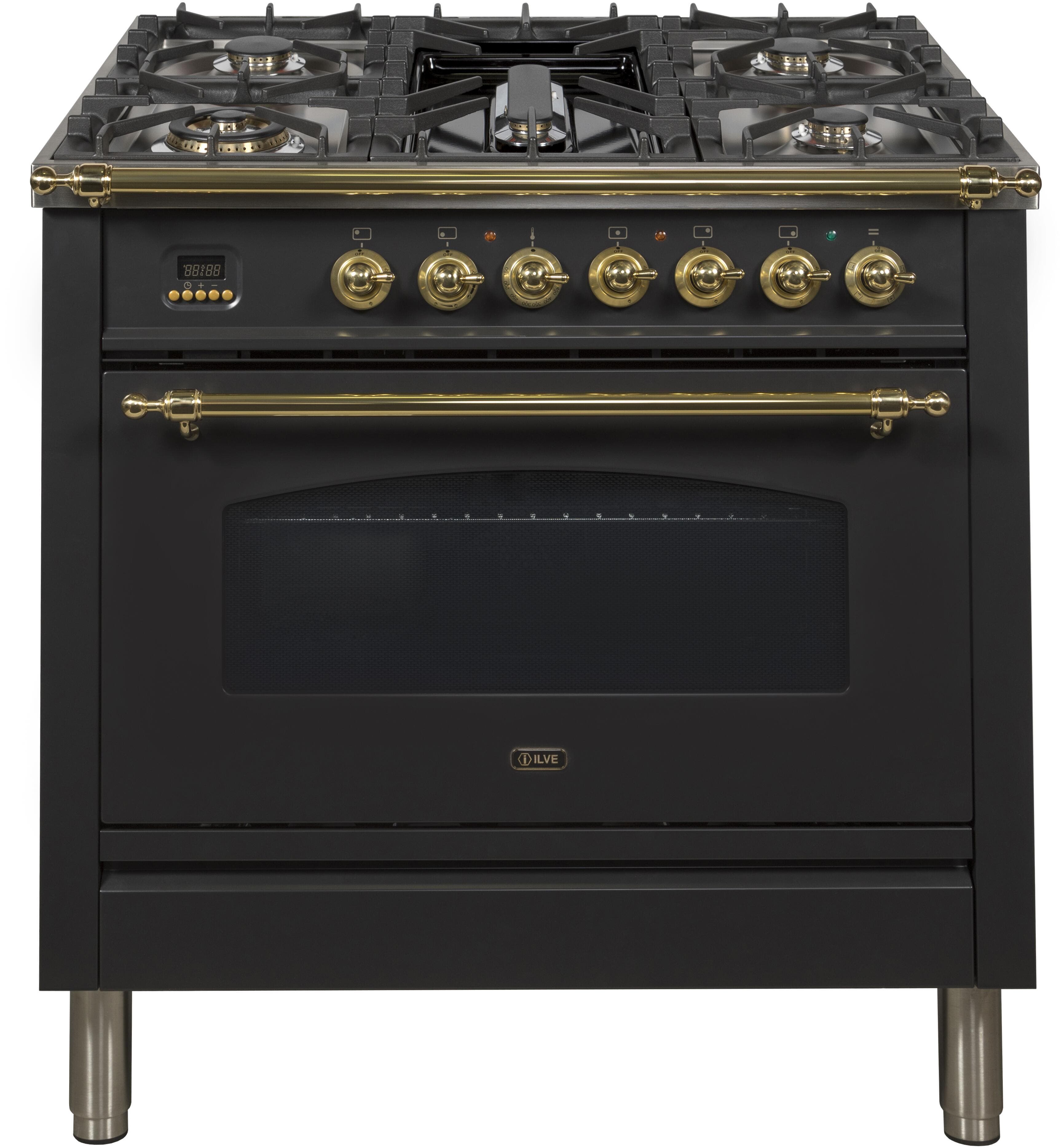 Ilve UPN90FDMPNLP Liquid Propane In Glossy Black W/ Brass Trim