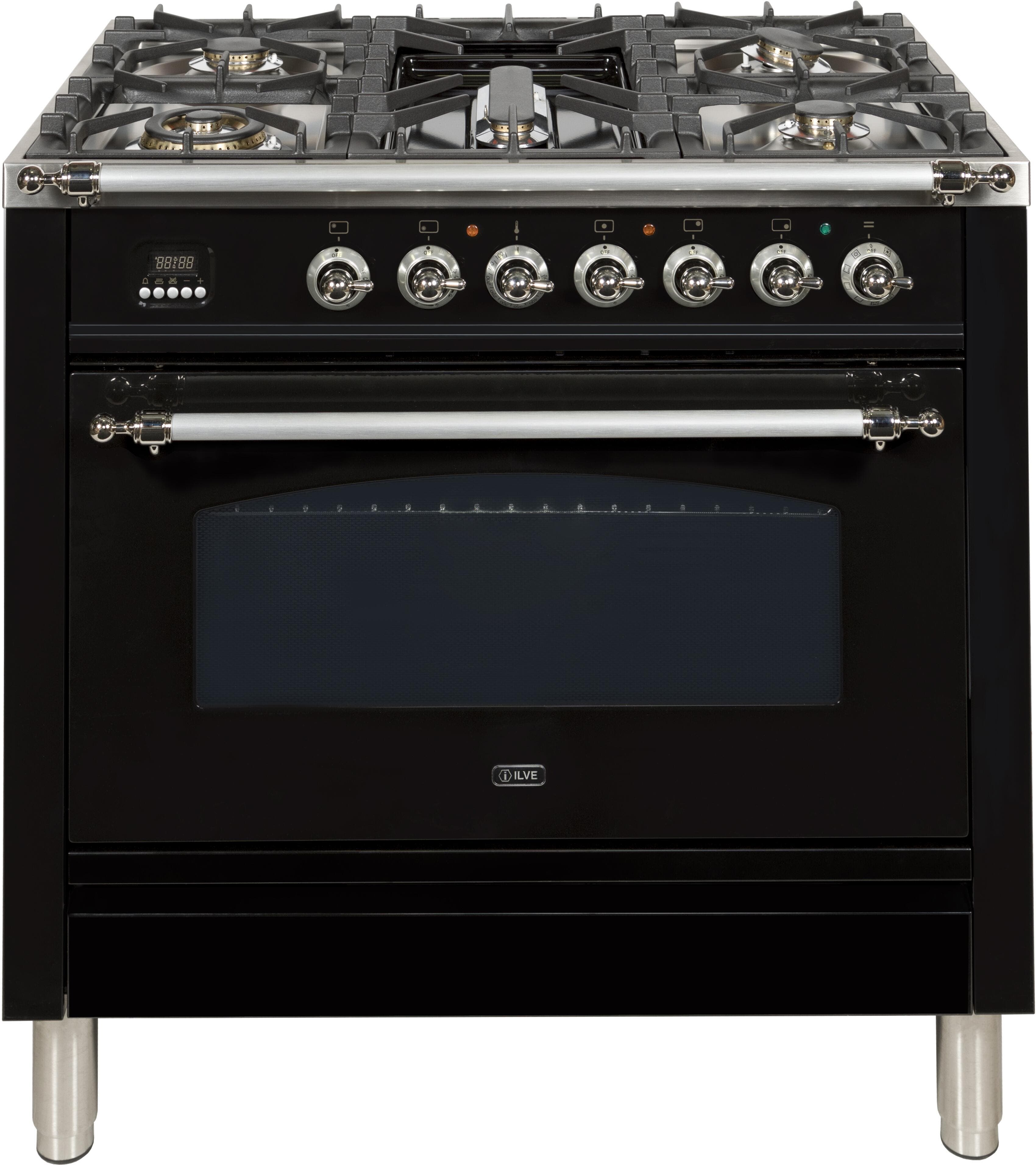 Ilve UPN90FDMPNX Natural Gas In Glossy Black W/ Chrome Trim