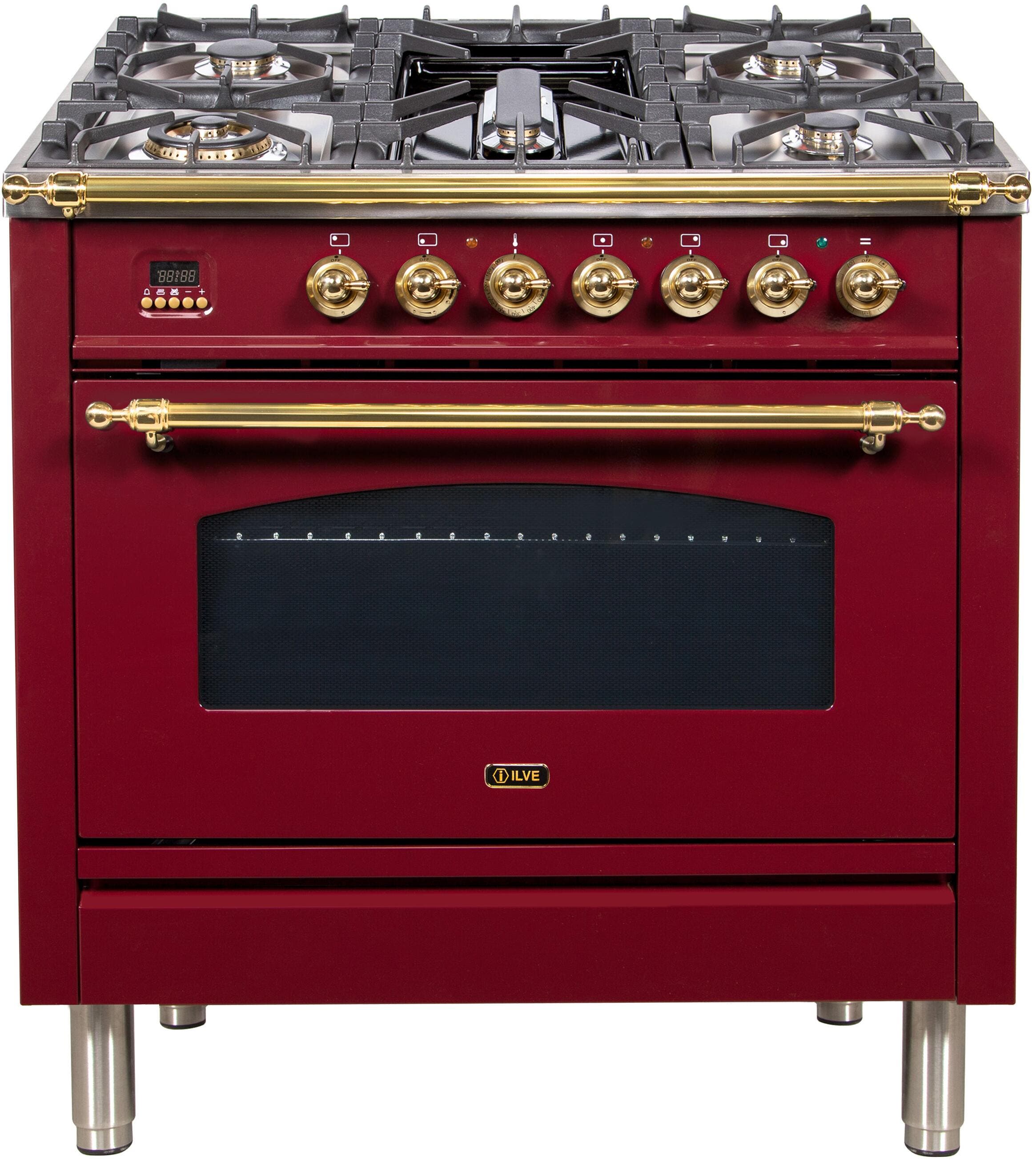 Ilve UPN90FDMPRB Natural Gas In Burgundy W/ Brass Trim