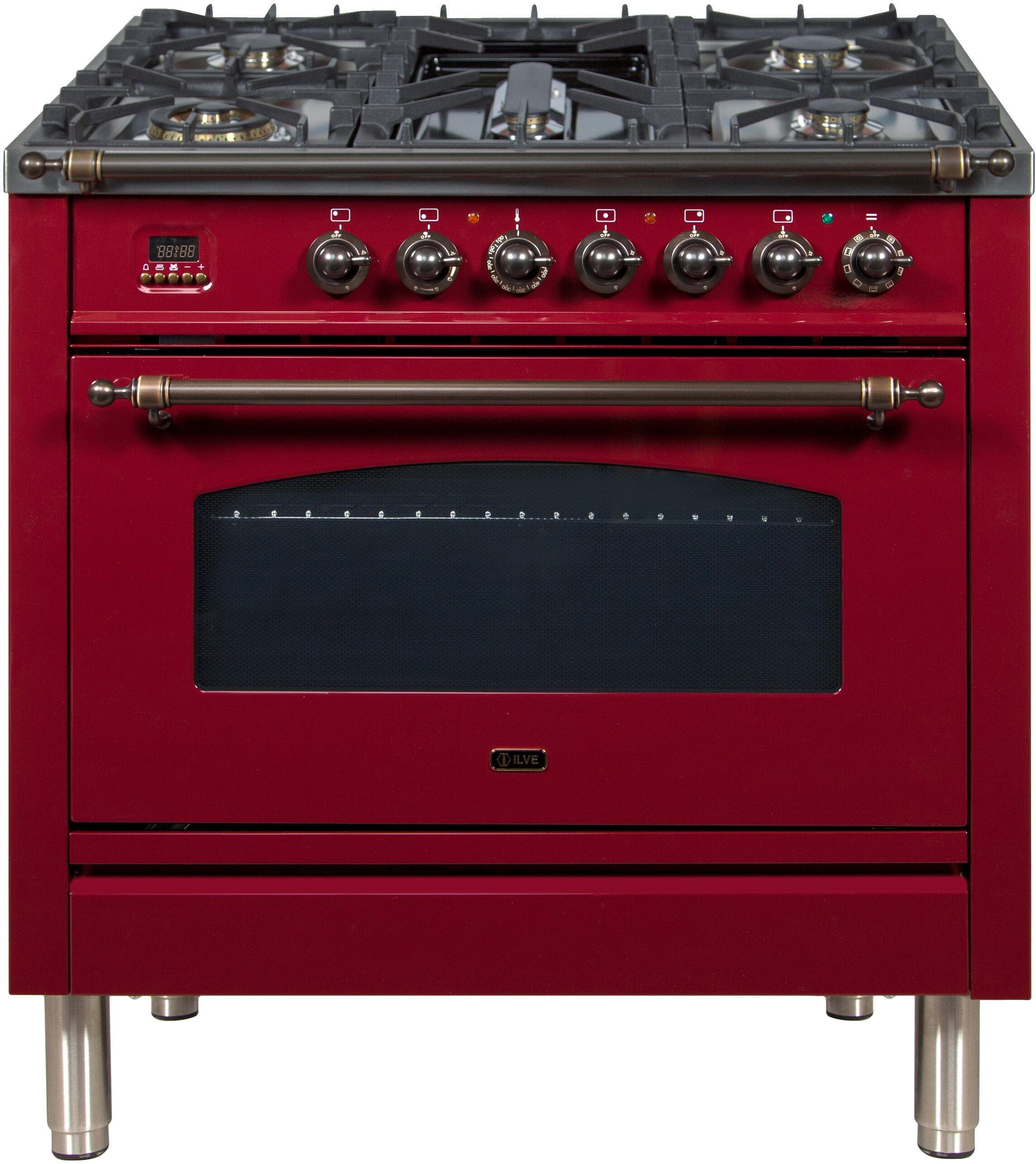 Ilve UPN90FDMPRBY Natural Gas In Burgundy W/ Bronze Trim