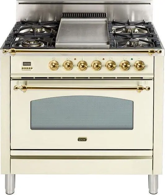 Ilve UPN90FDVGGALP Liquid Propane In Antique White W/ Brass Trim