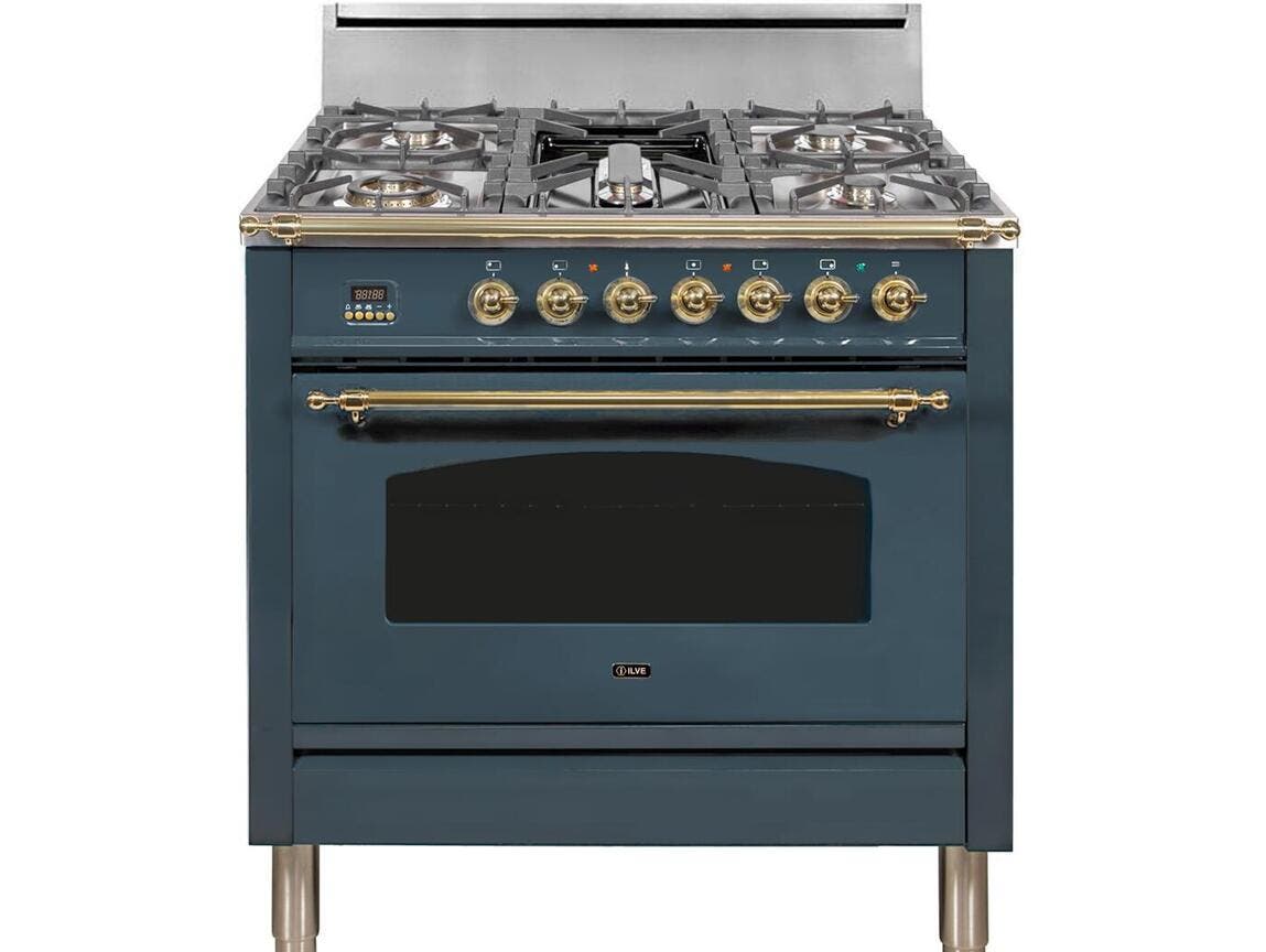 Ilve UPN90FDVGGGU Natural Gas In Blue Grey W/ Brass Trim
