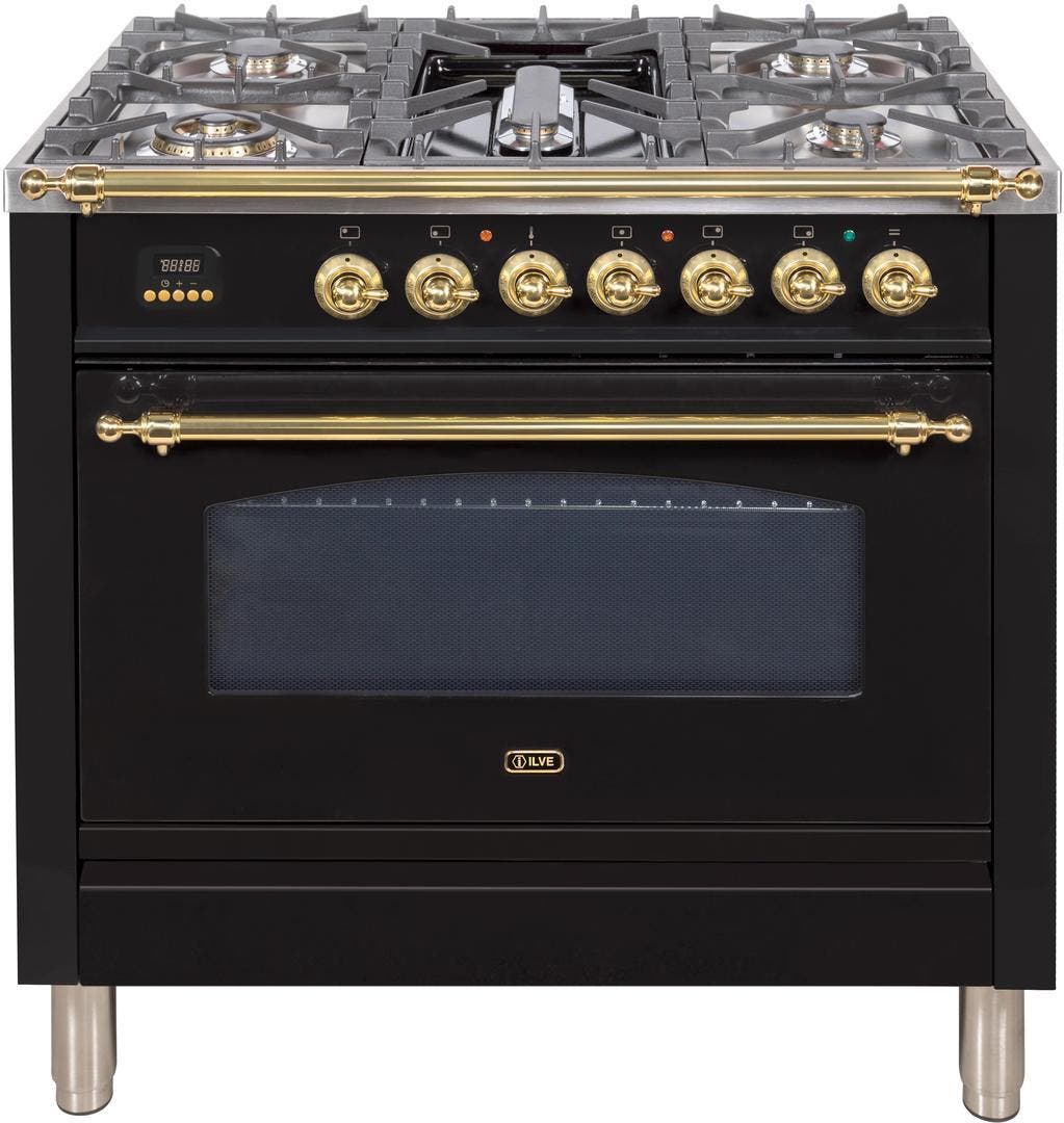 Ilve UPN90FDVGGNLP Liquid Propane In Glossy Black W/ Brass Trim