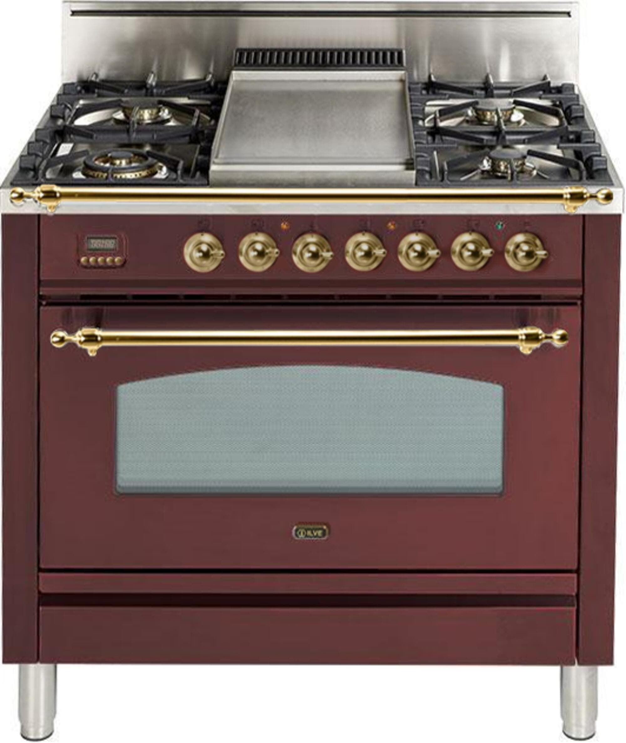 Ilve UPN90FDVGGRBLP Liquid Propane In Burgundy W/ Brass Trim