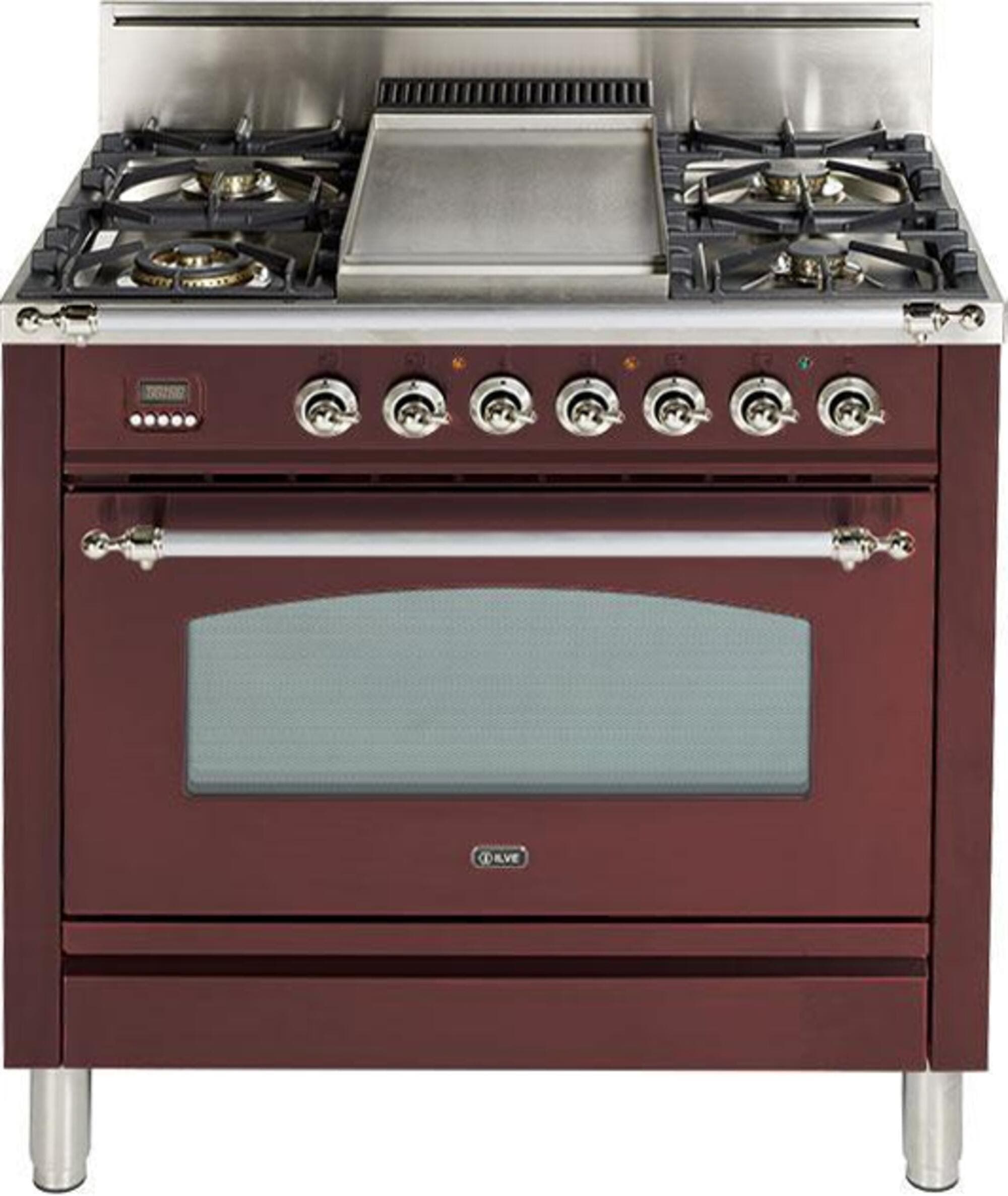 Ilve UPN90FDVGGRBXLP Liquid Propane In Burgundy W/ Chrome Trim