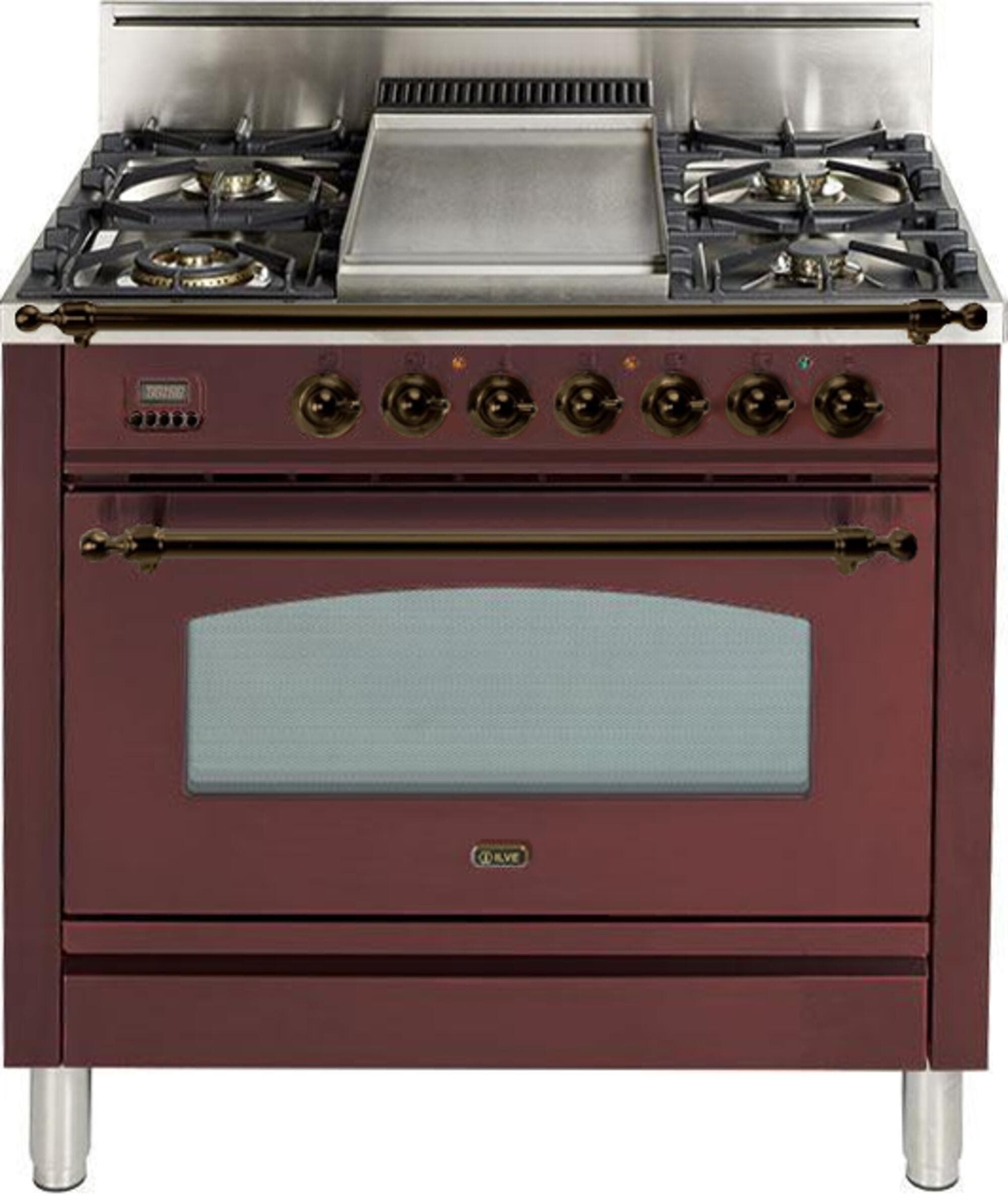 Ilve UPN90FDVGGRBYLP Liquid Propane In Burgundy W/ Bronze Trim