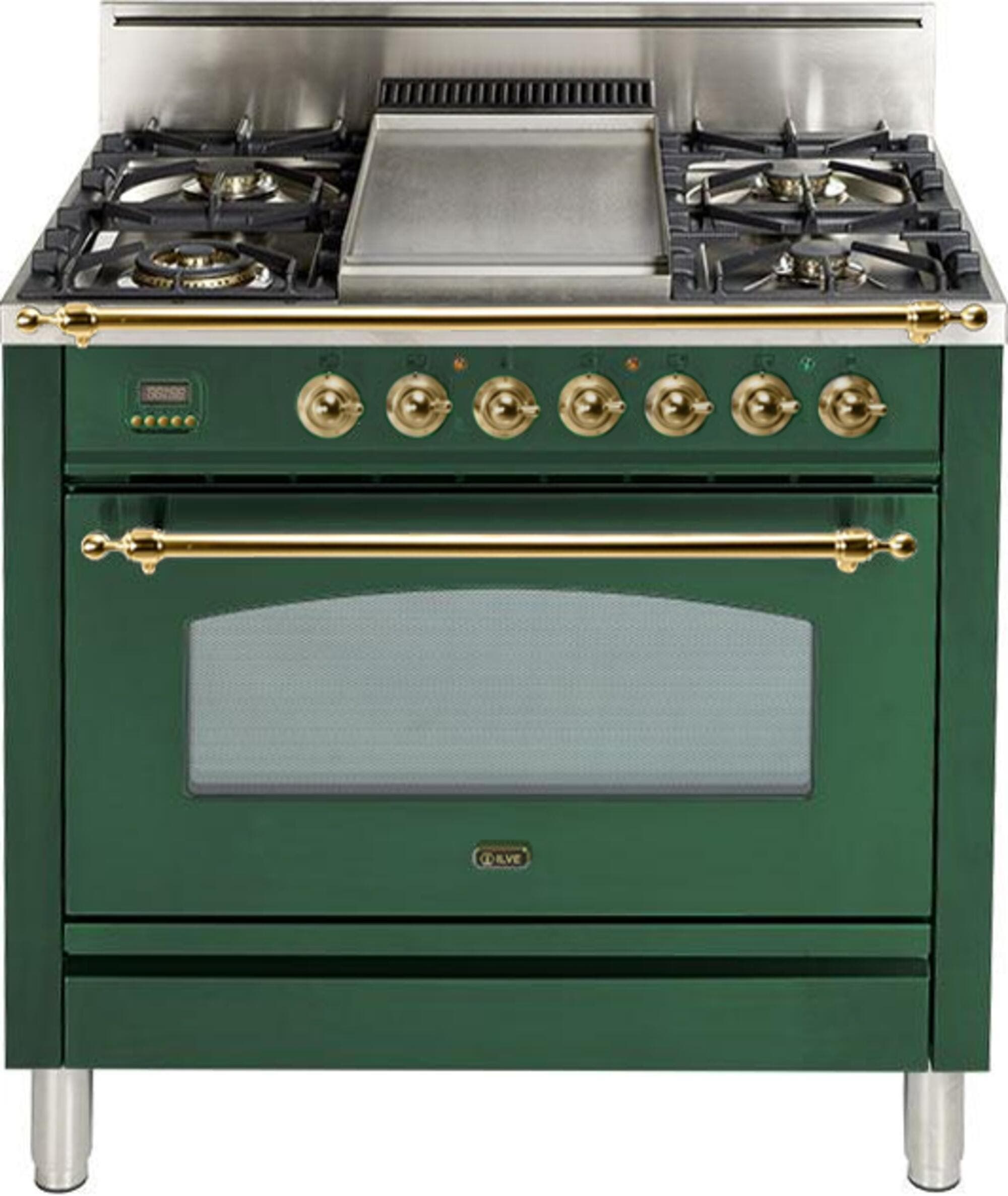 Ilve UPN90FDVGGVSLP Liquid Propane In Emerald Green W/ Brass Trim