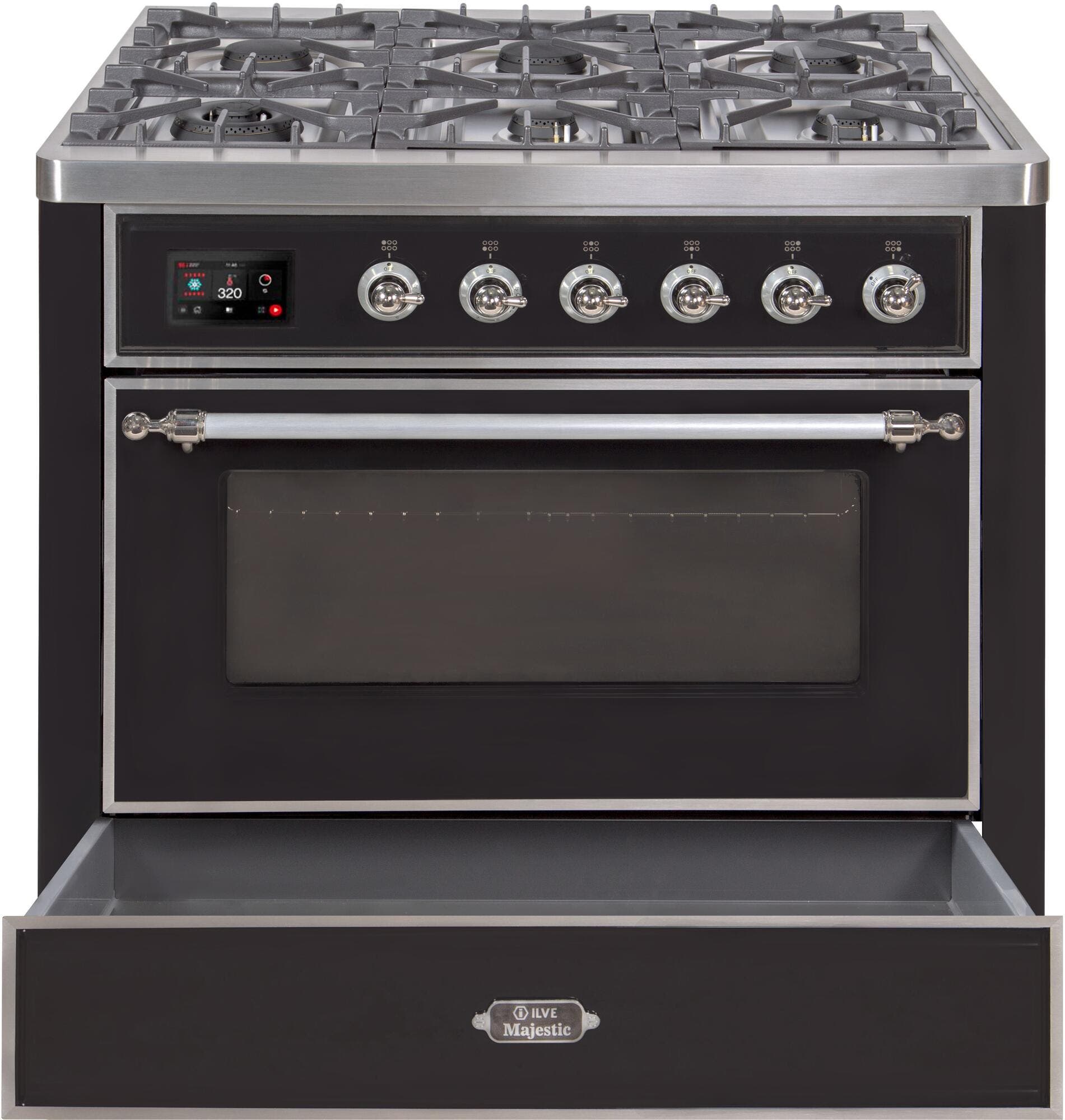 Ilve UM096DNS3BKCLP Liquid Propane In Glossy Black W/ Chrome Trim