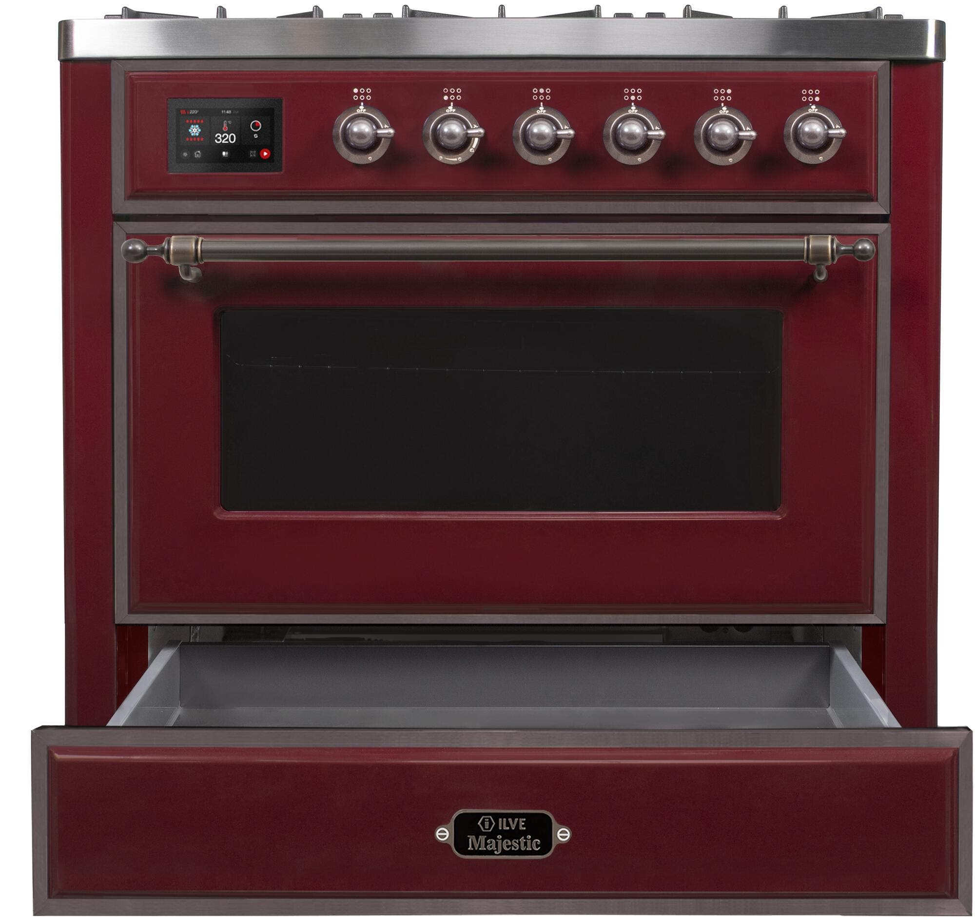 Ilve UM096DNS3BUBLP Liquid Propane In Burgundy W/ Bronze Trim
