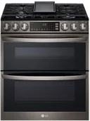 30 Inch Slide-In Gas Smart Range with 5 Sealed Burners, Double Oven, 6.9 Cu. Ft. Total Oven Capacity, ProBake Convection®, Air Fry, EasyClean®, SmoothTouch™ Glass Controls, WideView™ Window, Wi-Fi Connectivity, ThinQ Technology and UltraHeat™ Burner