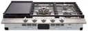 36" Gas Cooktop, Red LED Knob Accents, 19,000 BTU UltraHeat center burner, 5 Sealed Burners and 3 Continuous Heavy-Duty cast iron grates, Metal Knob