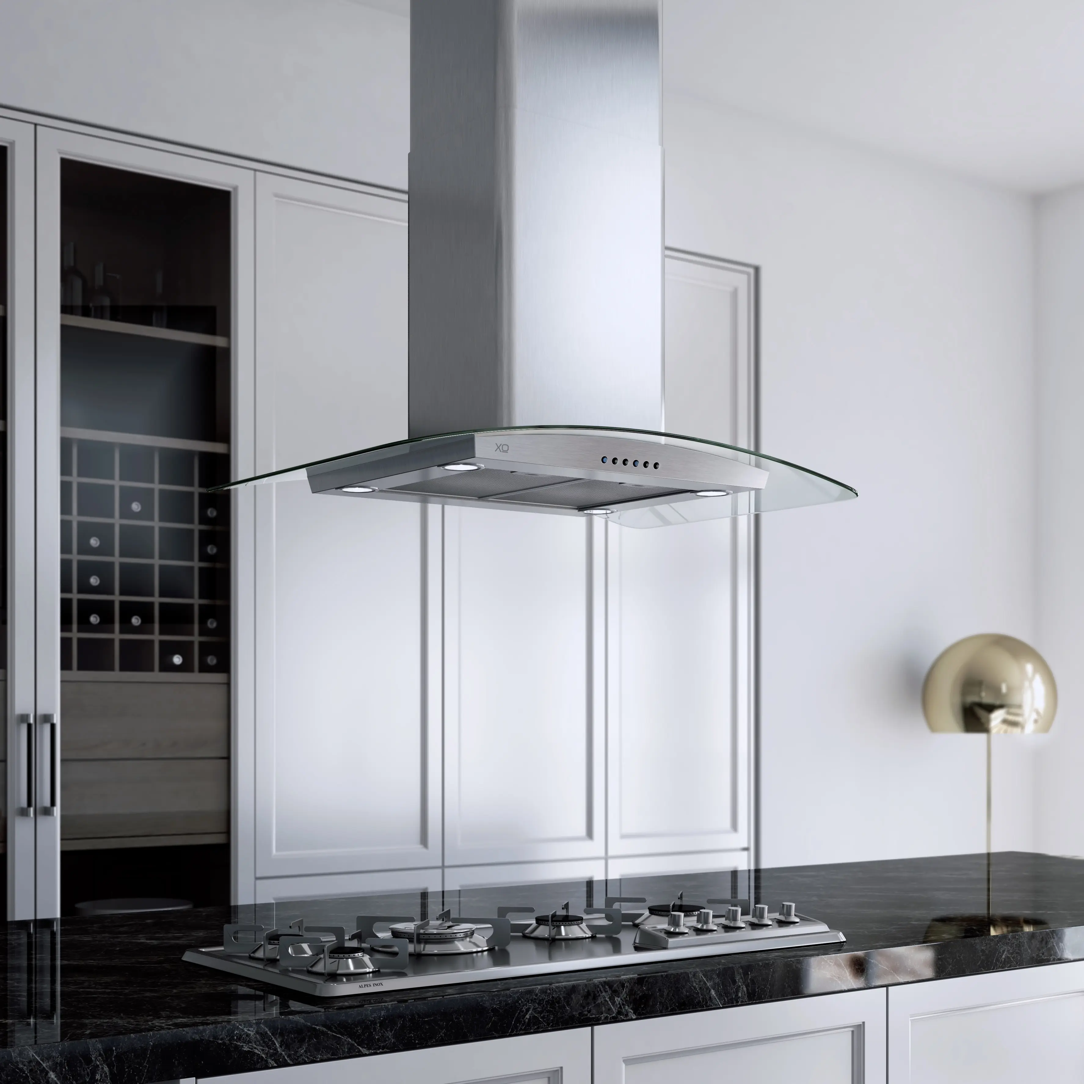 XO XOMI36GC CCC 600/395 CFM Curved Glass Island Hood: Stainless