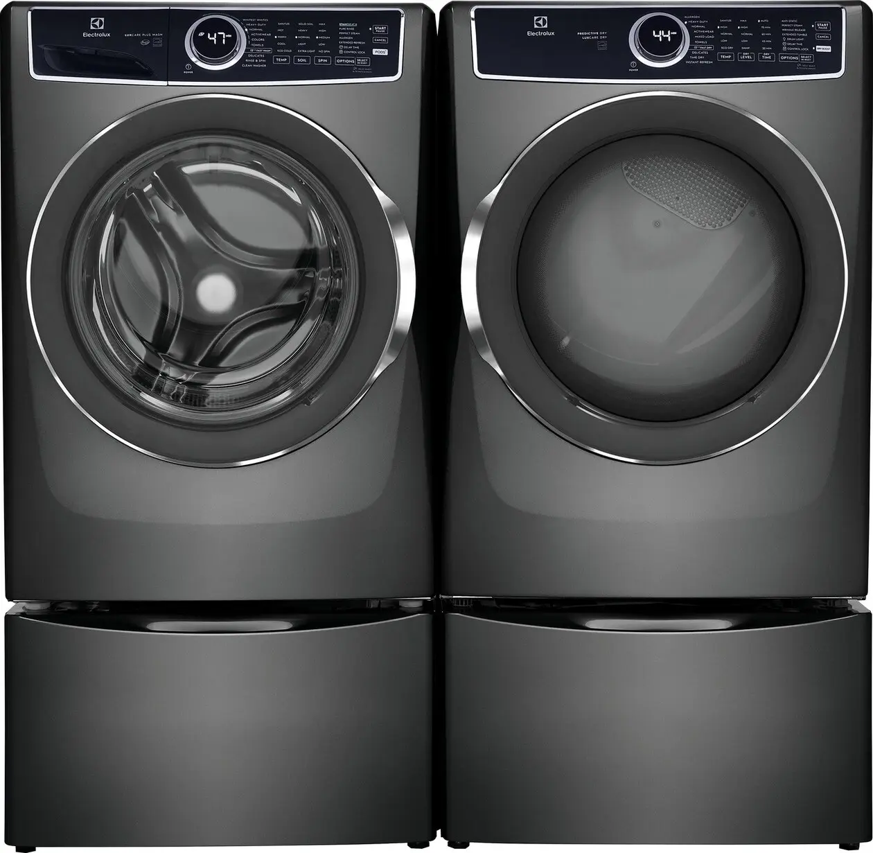 Front Load Washer and Electric Dryer Pair in Titanium on Pedestals