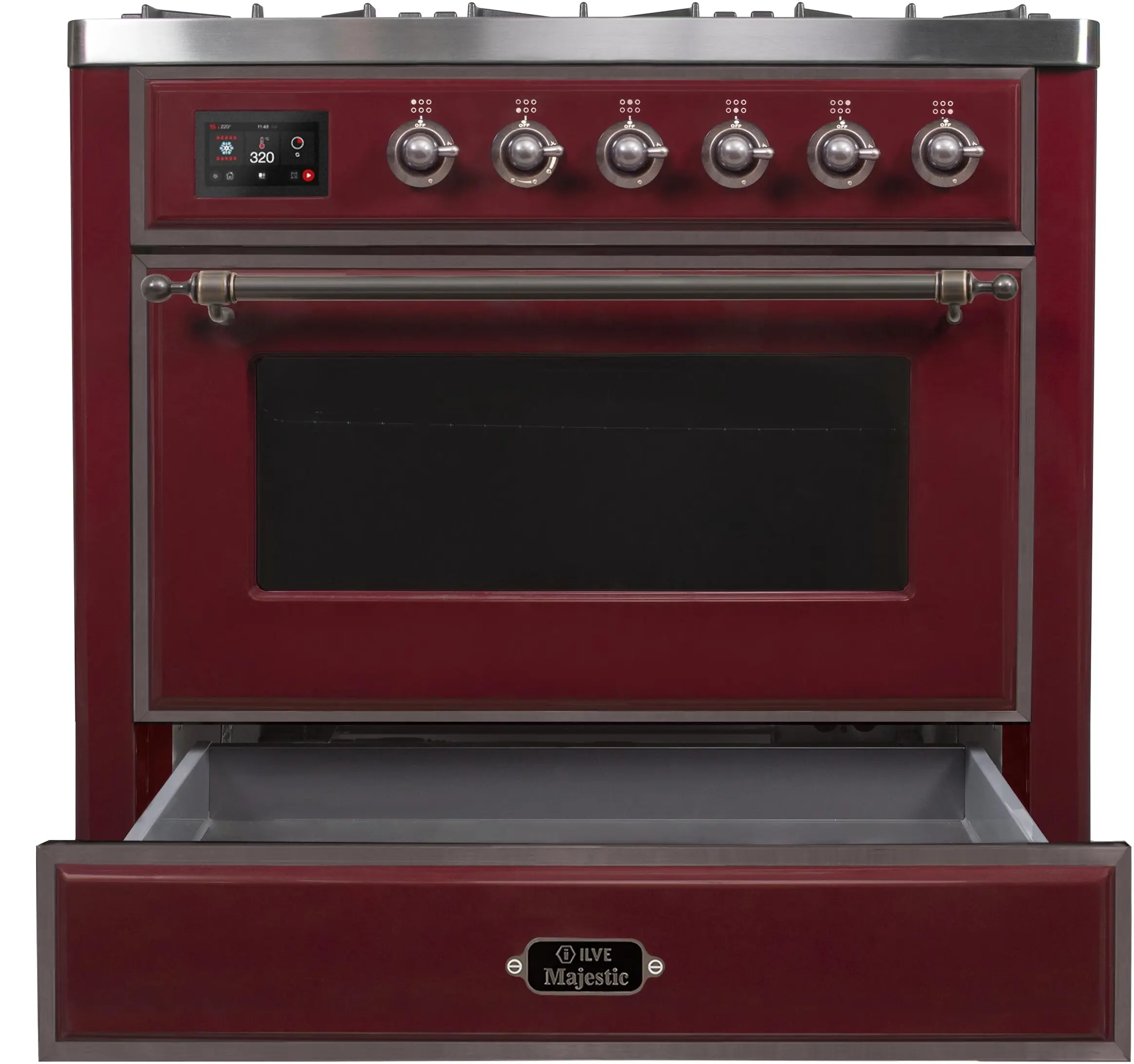 Ilve UM096DNS3BUBLP Liquid Propane In Burgundy W/ Bronze Trim